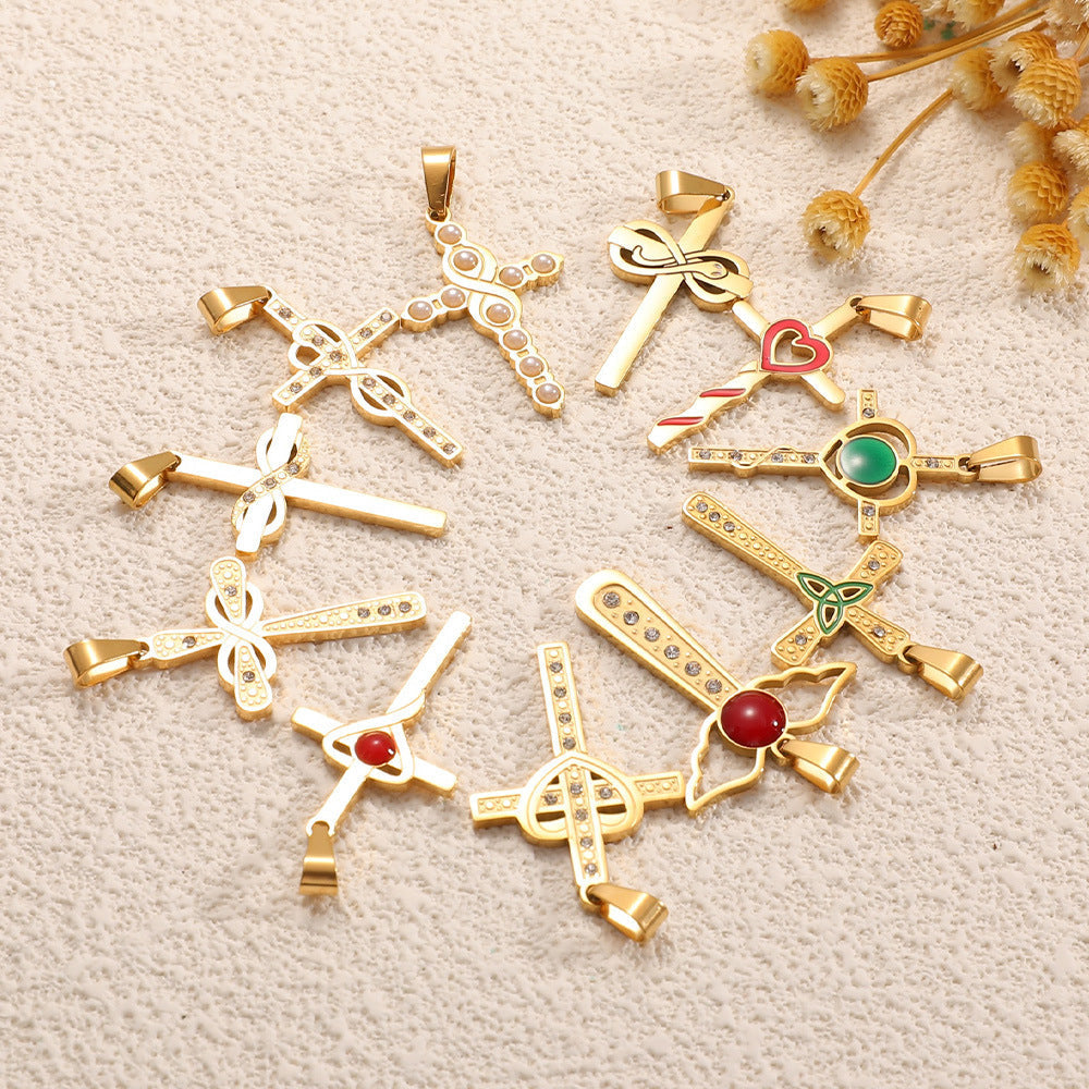 Ladies cross pendant with heart-shaped design and sparkling accents