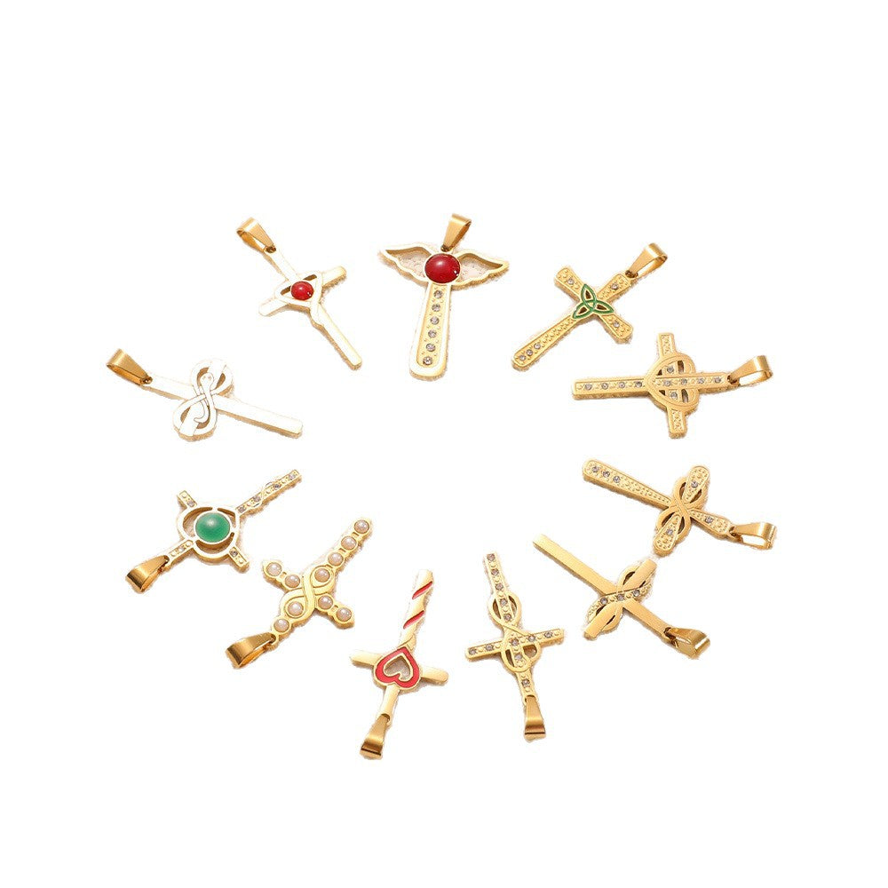 Ladies cross pendant with heart-shaped design and sparkling accents