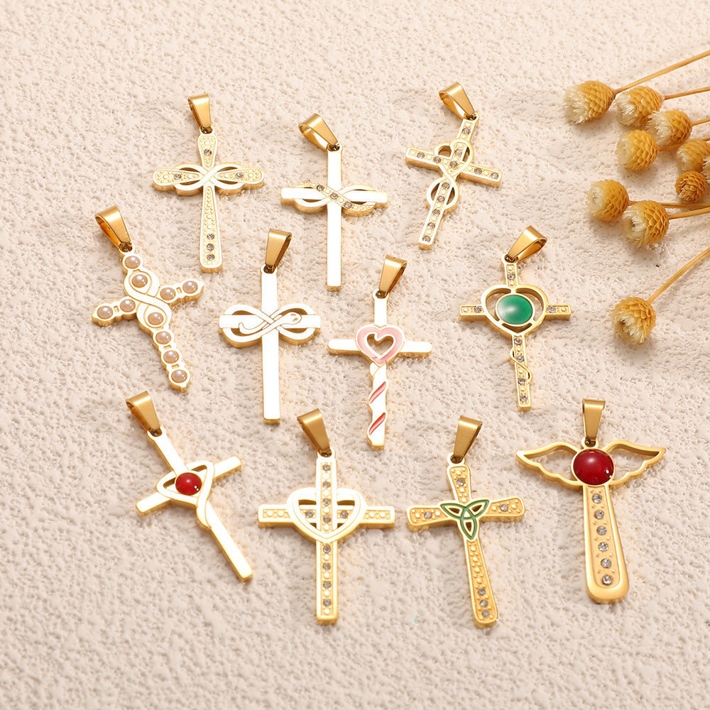 Ladies cross pendant with heart-shaped design and sparkling accents