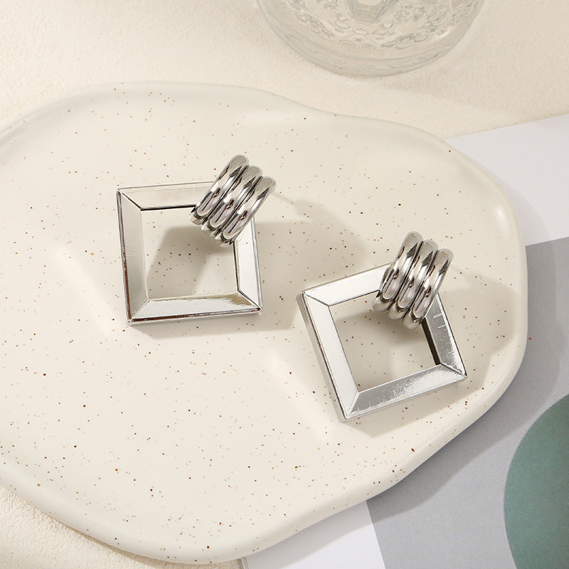 Women's Hanging Earrings with Square Design and Glossy Surface