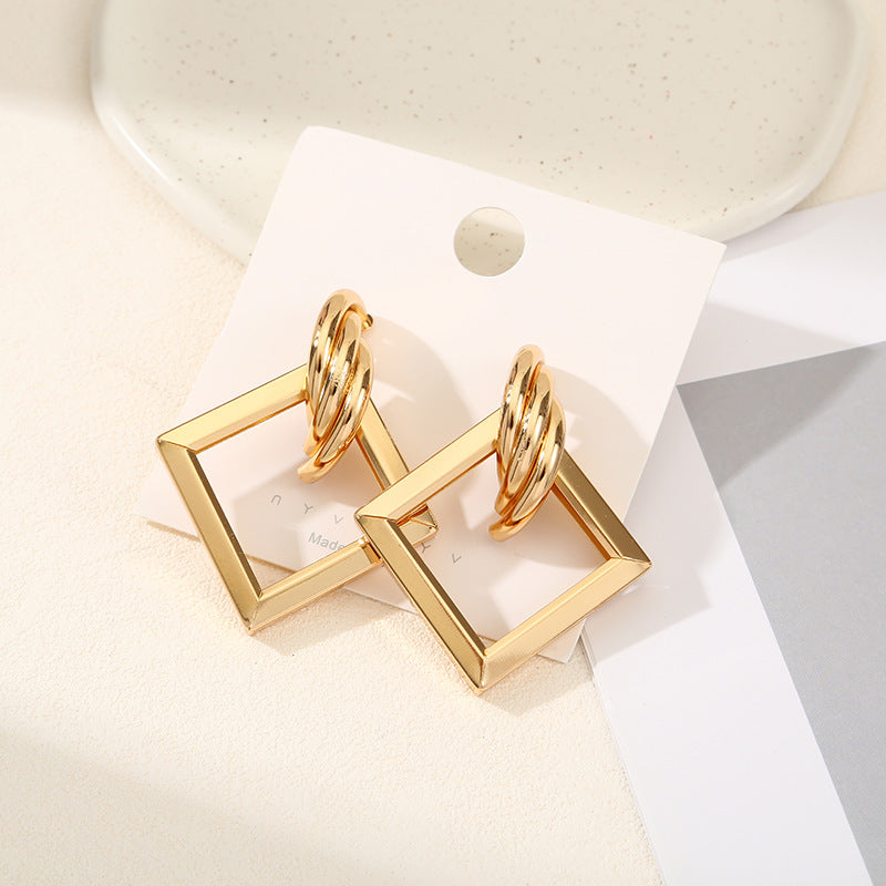 Women's Hanging Earrings with Square Design and Glossy Surface