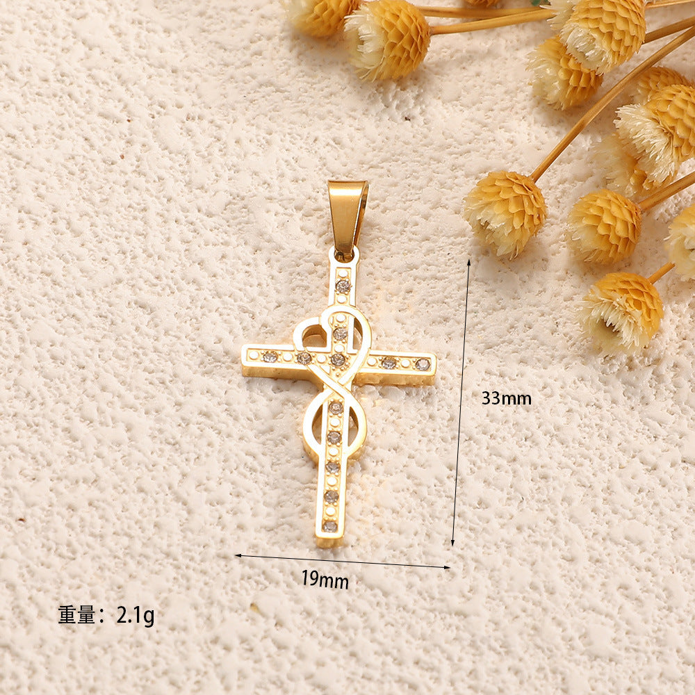 Ladies cross pendant with heart-shaped design and sparkling accents