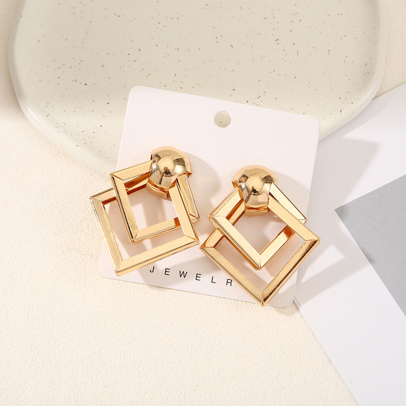 Women's Hanging Earrings with Square Design and Glossy Surface