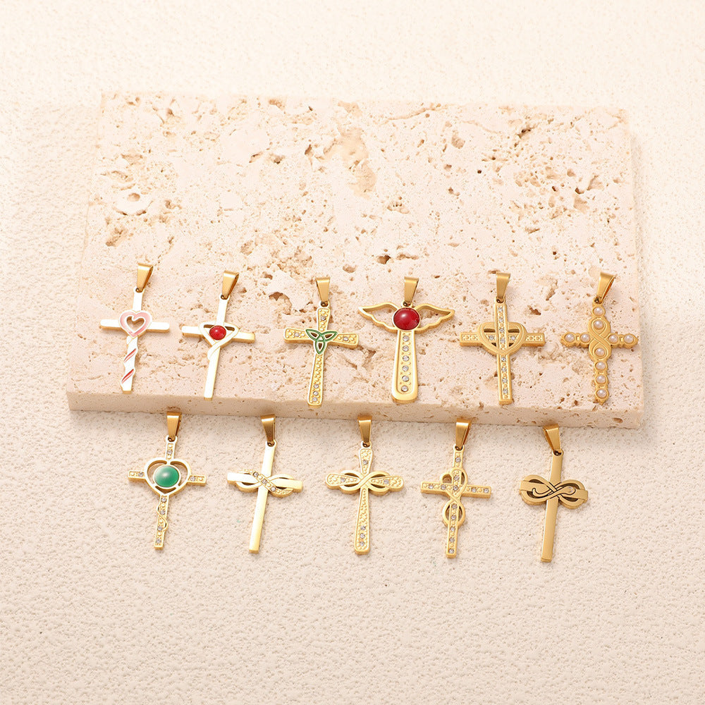 Ladies cross pendant with heart-shaped design and sparkling accents