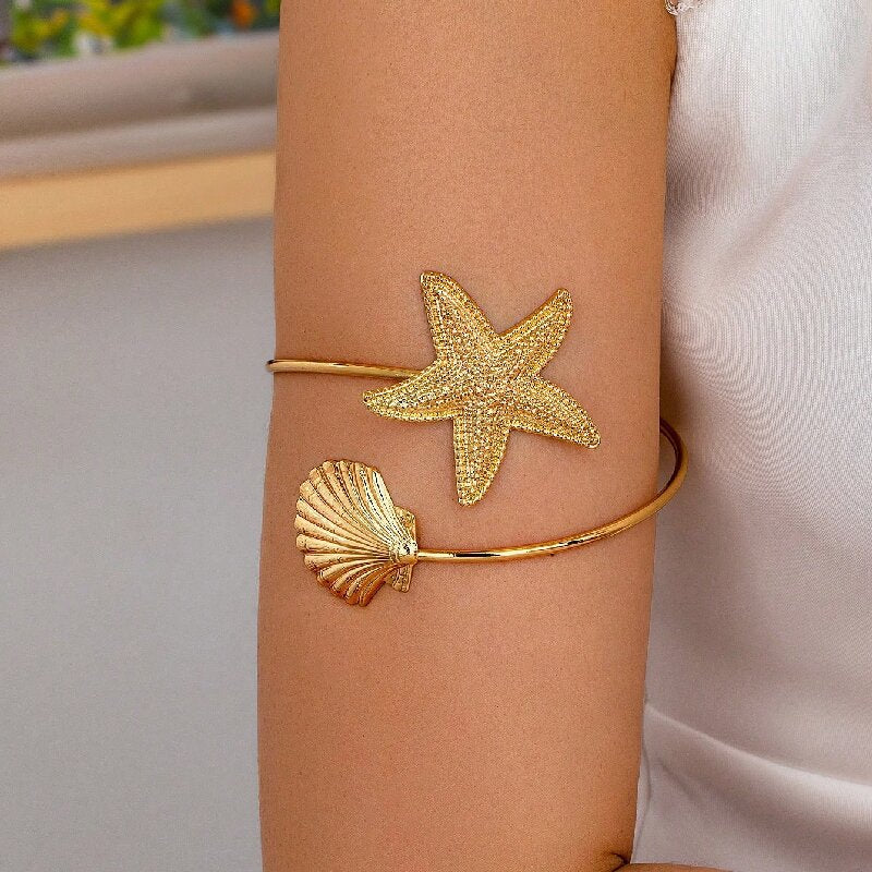 Women Open Bangle with Maritime Star and Shell Design
