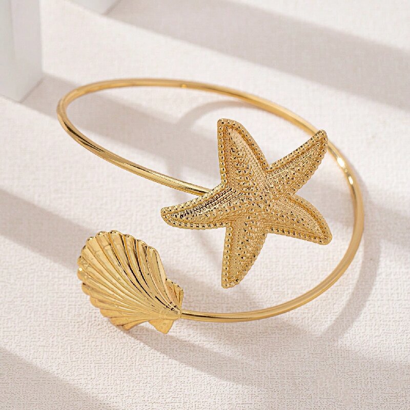 Women Open Bangle with Maritime Star and Shell Design