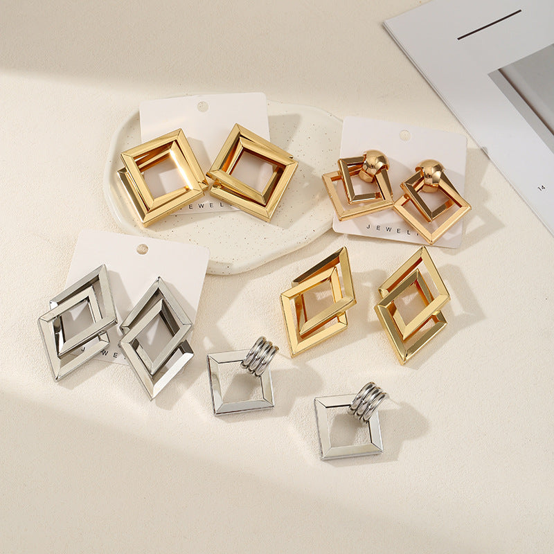 Women's Hanging Earrings with Square Design and Glossy Surface