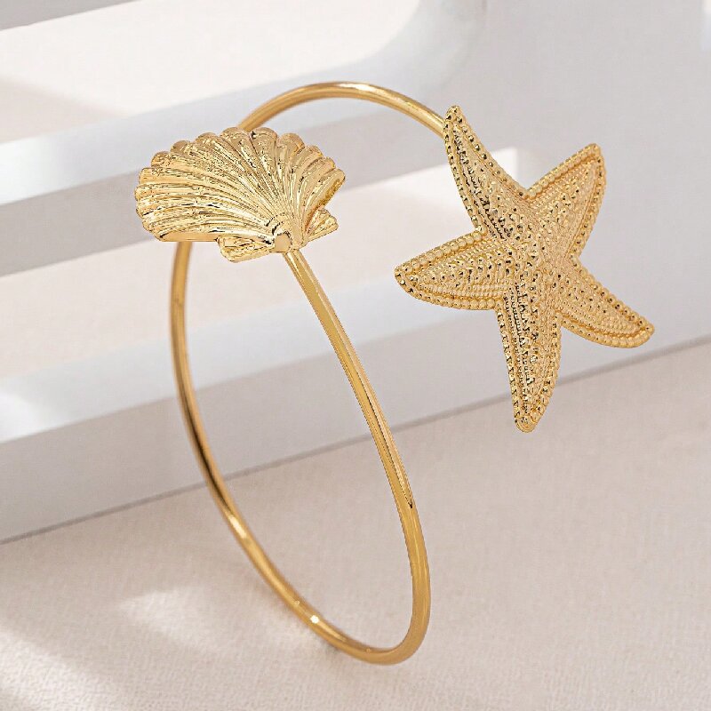 Women Open Bangle with Maritime Star and Shell Design