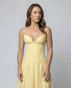 Women's evening dress with deep V-neck and flared skirt - upper body view