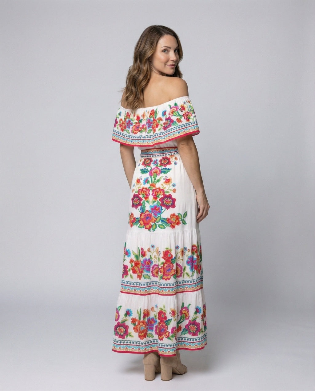 Women's Off-Shoulder Maxi Dress with Floral Patterns and Elastic Waist Belt - back view