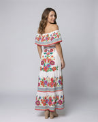 Women's Off-Shoulder Maxi Dress with Floral Patterns and Elastic Waist Belt - back view