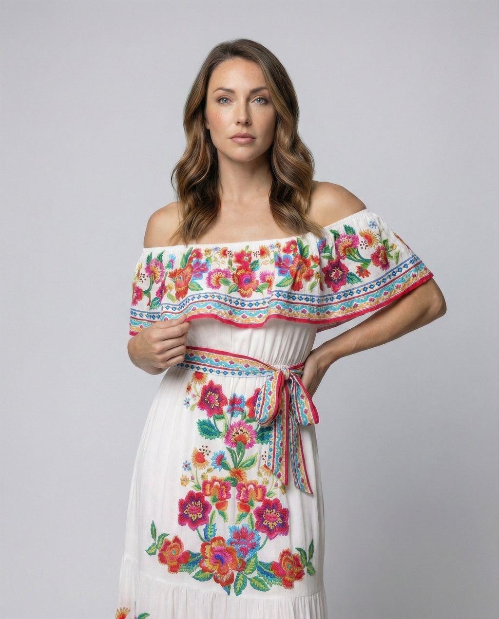Women's Off-Shoulder Maxi Dress with Floral Patterns and Elastic Waist Belt - upper body view
