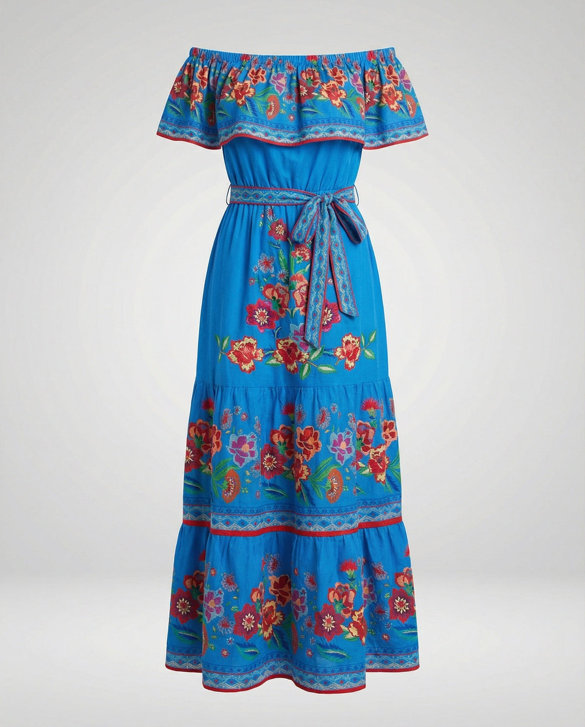 Women's Off-Shoulder Maxi Dress with Floral Patterns and Elastic Waist Belt - product shot