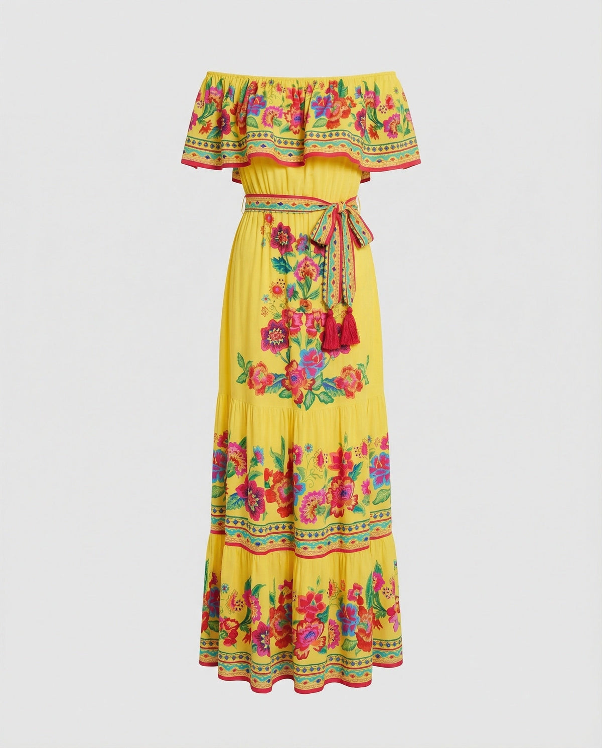 Women's Off-Shoulder Maxi Dress with Floral Patterns and Elastic Waist Belt - product shot