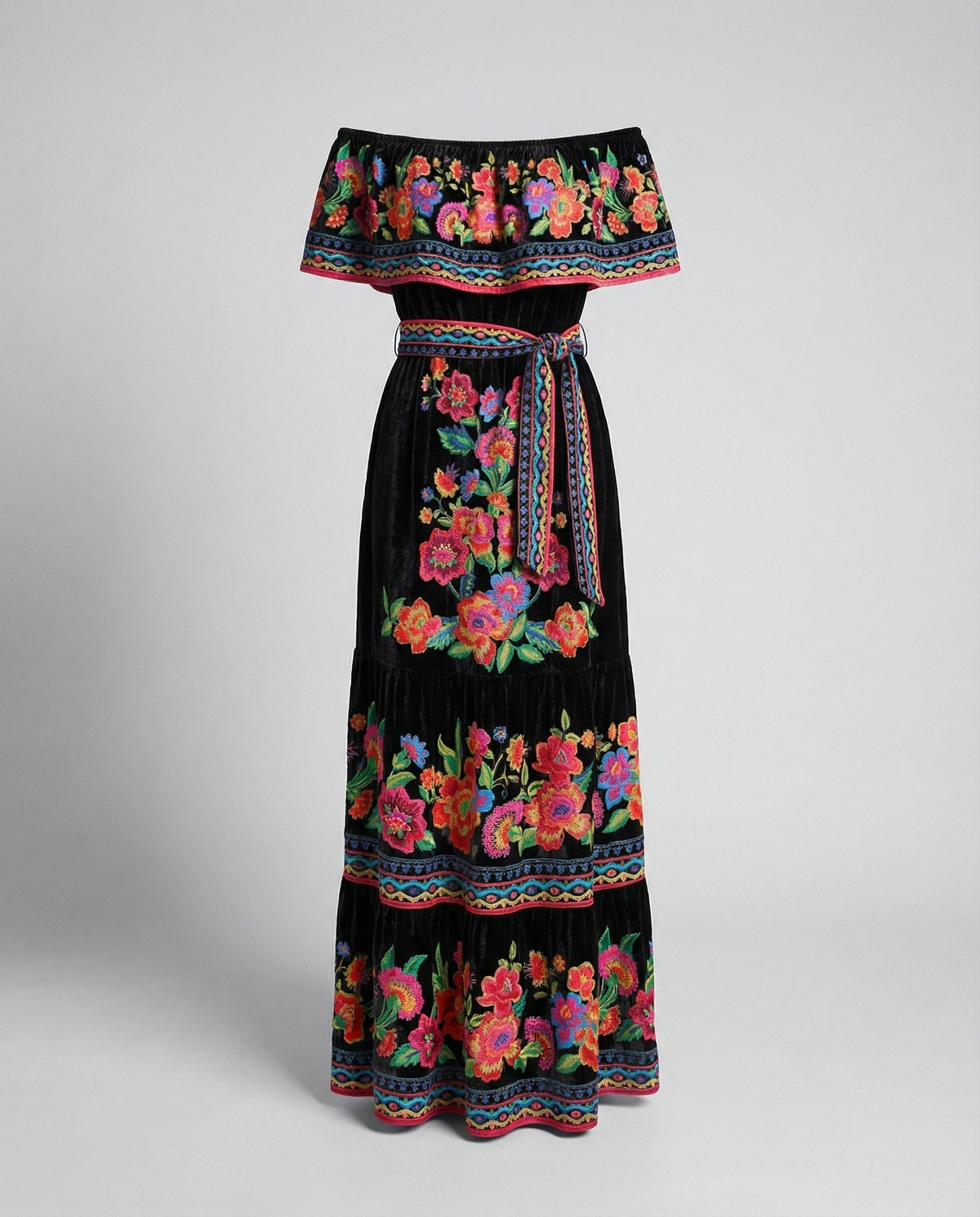 Women's Off-Shoulder Maxi Dress with Floral Patterns and Elastic Waist Belt - product shot
