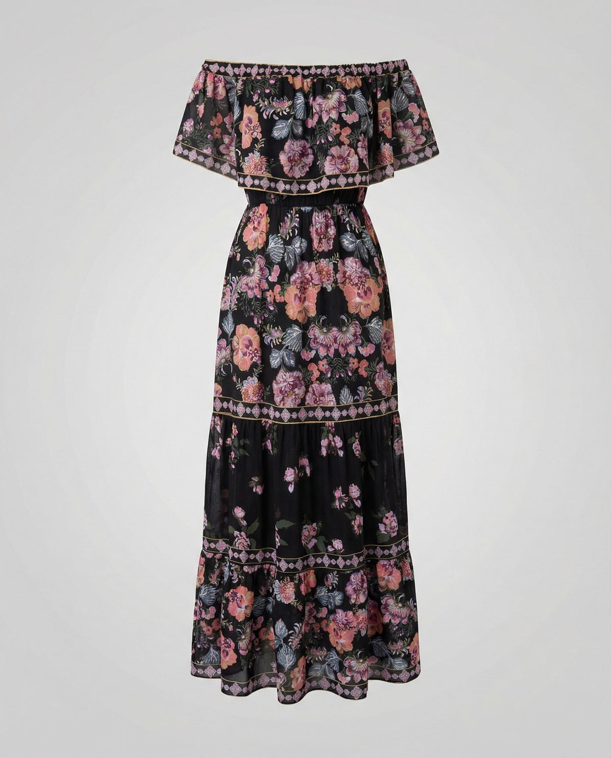 Women's Off-Shoulder Maxi Dress with Floral Patterns and Elastic Waist Belt - product shot
