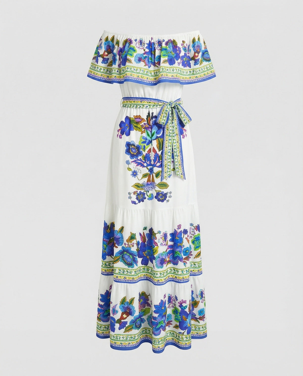 Women's Off-Shoulder Maxi Dress with Floral Patterns and Elastic Waist Belt - product shot