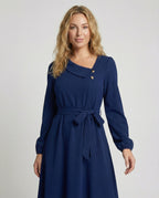 Women's midi dress with fitted cut and button details - upper body view