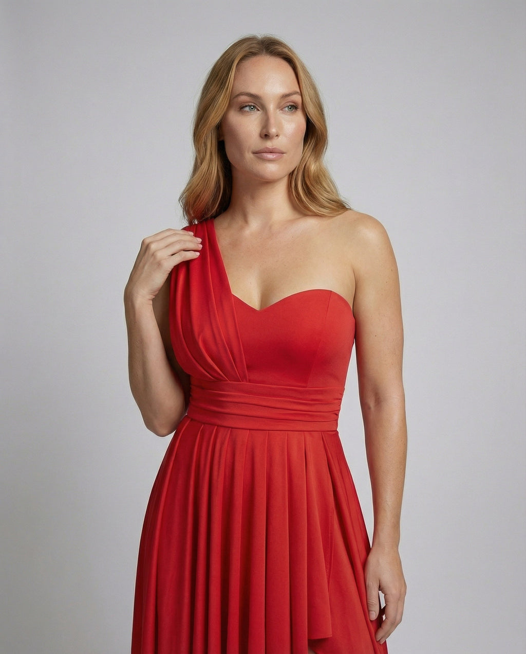 Women Elegant Maxi Dress with Asymmetric Hem and Ruffle Details - upper body view