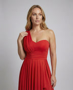 Women Elegant Maxi Dress with Asymmetric Hem and Ruffle Details - upper body view