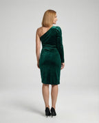 Women’s wrap dress with ruffles and flowing cut - back view