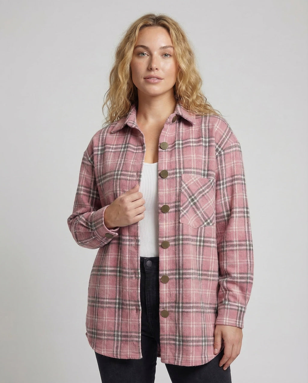 Women's Checked Blouse Jacket with Button Details - upper body view