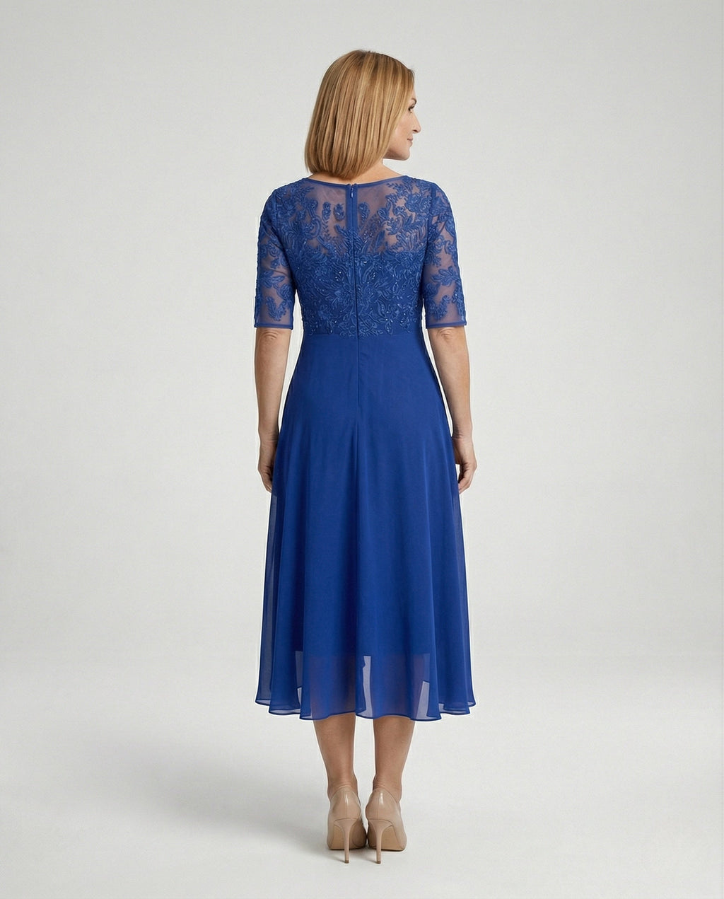 Elegant chiffon evening dress with lace - back view