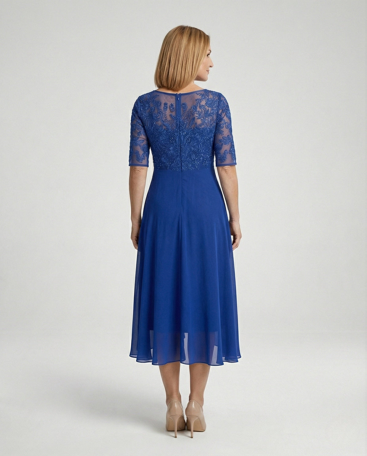 Elegant chiffon evening dress with lace - back view