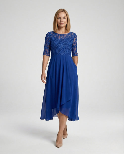 Elegant chiffon evening dress with lace - front view