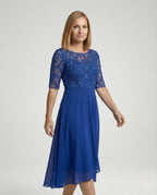 Elegant chiffon evening dress with lace - upper body view