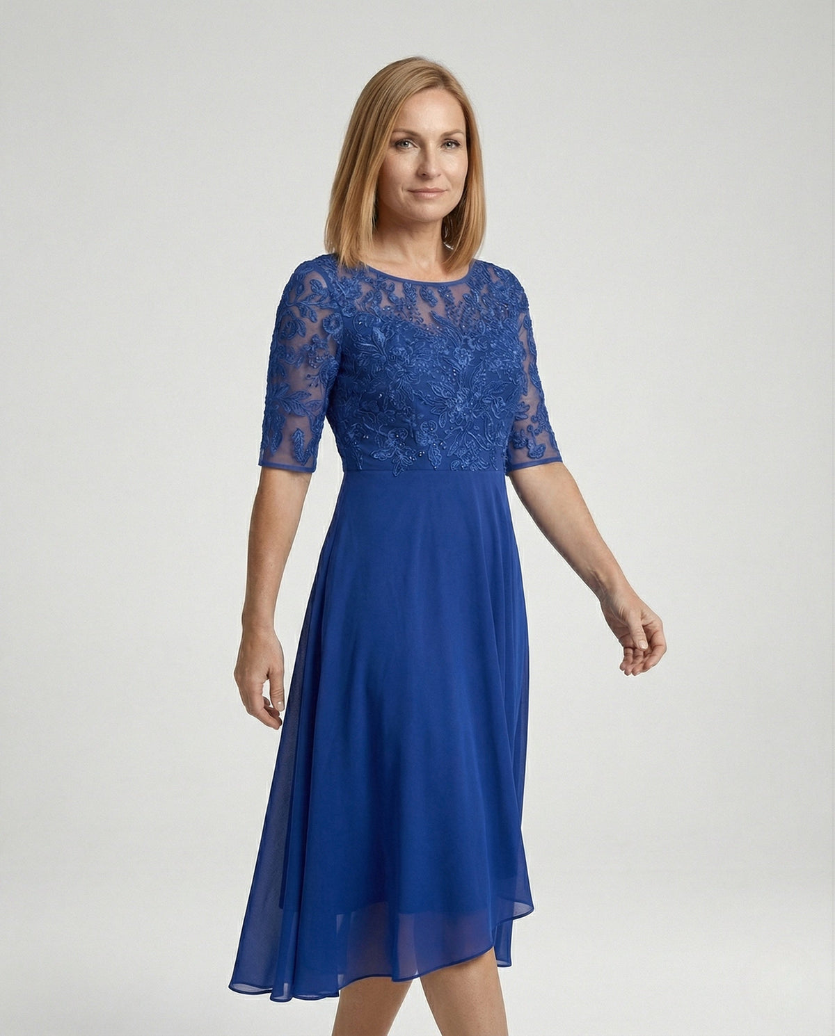 Elegant chiffon evening dress with lace - upper body view