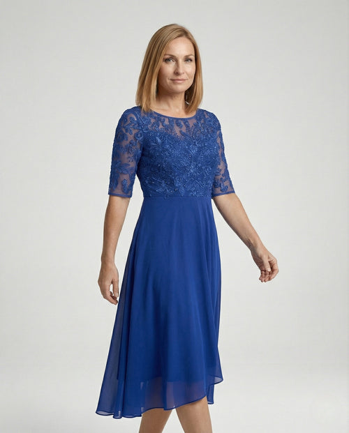 Elegant chiffon evening dress with lace - upper body view