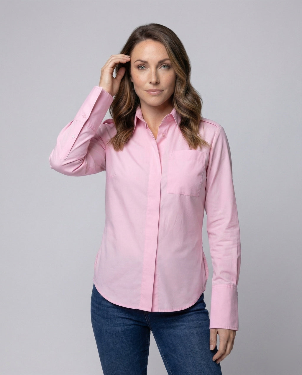 Blouse top women made of poplin with shirt collar - upper body view