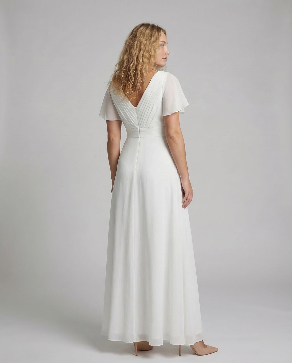 Evening dress long made of tulle with V-neck - back view