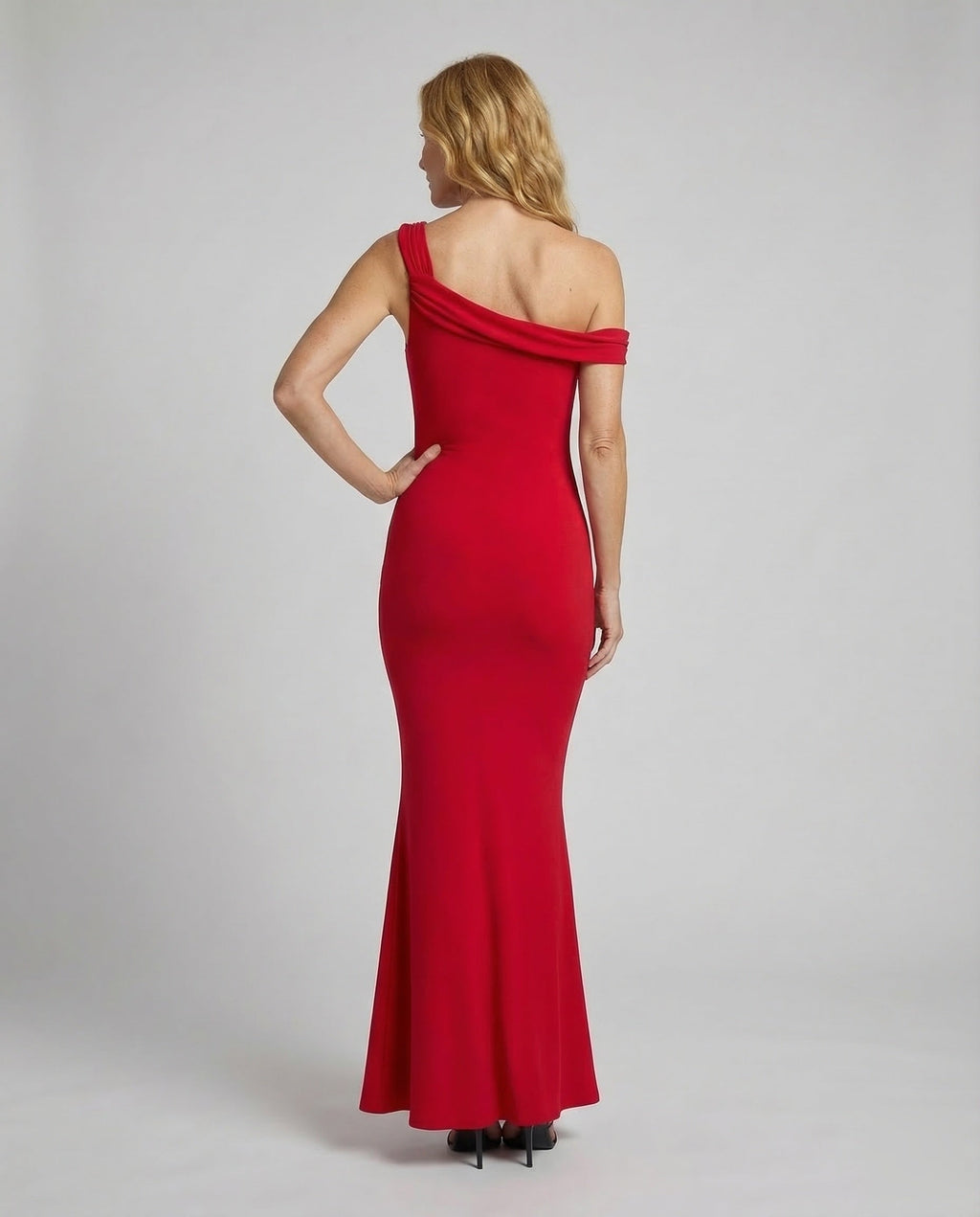 Elegant evening dress asymmetrical in mermaid style - back view