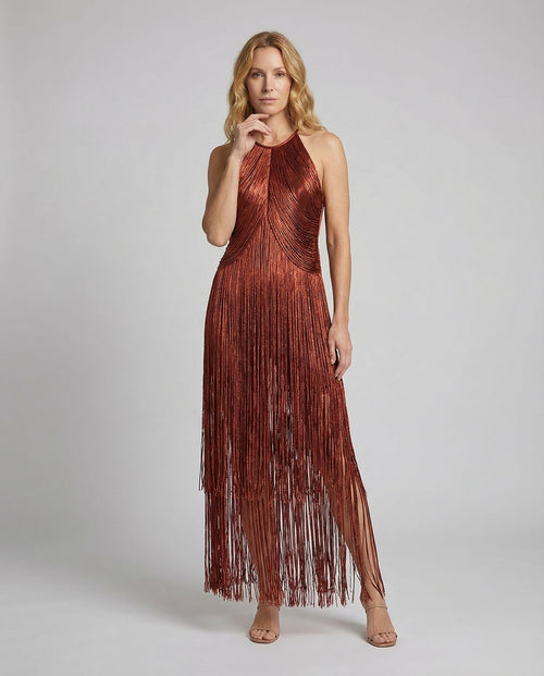 Fringe Evening Dress Women with Halter Neck - front view