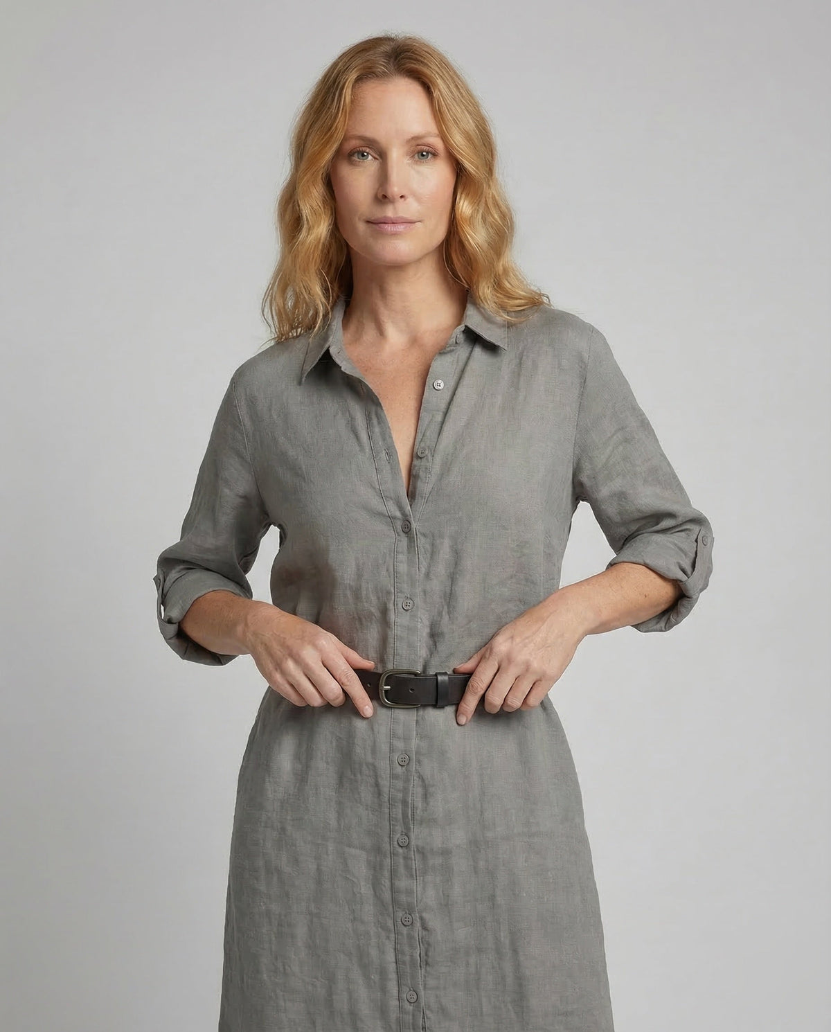 Linen Maxi Dress Women with Button Placket - upper body view