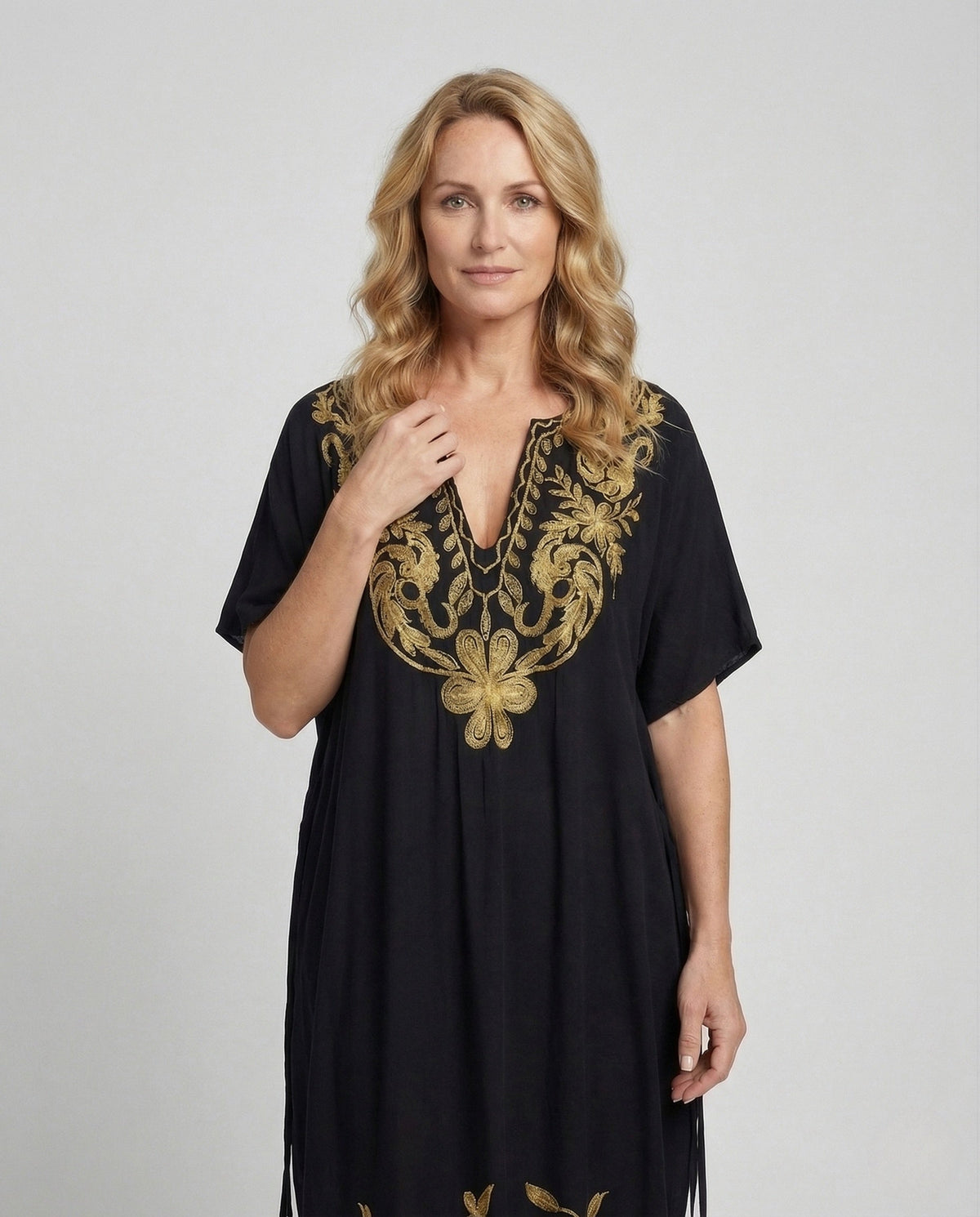 Women's Maxi Dress Kaftan Embroidered - upper body view