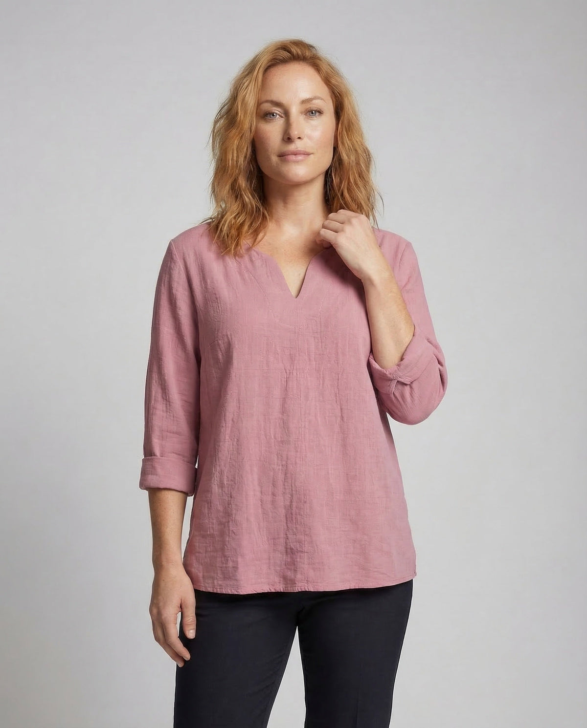 Women's Linen Blouse Top V-Neck Summer - upper body view
