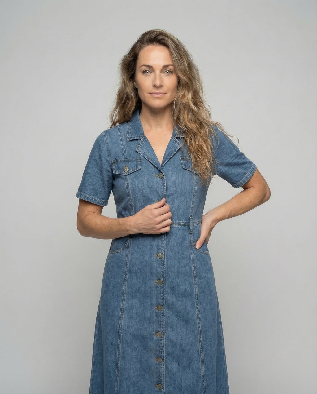 Leisure dress women denim midi dress - upper body view