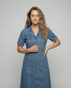Leisure dress women denim midi dress - upper body view