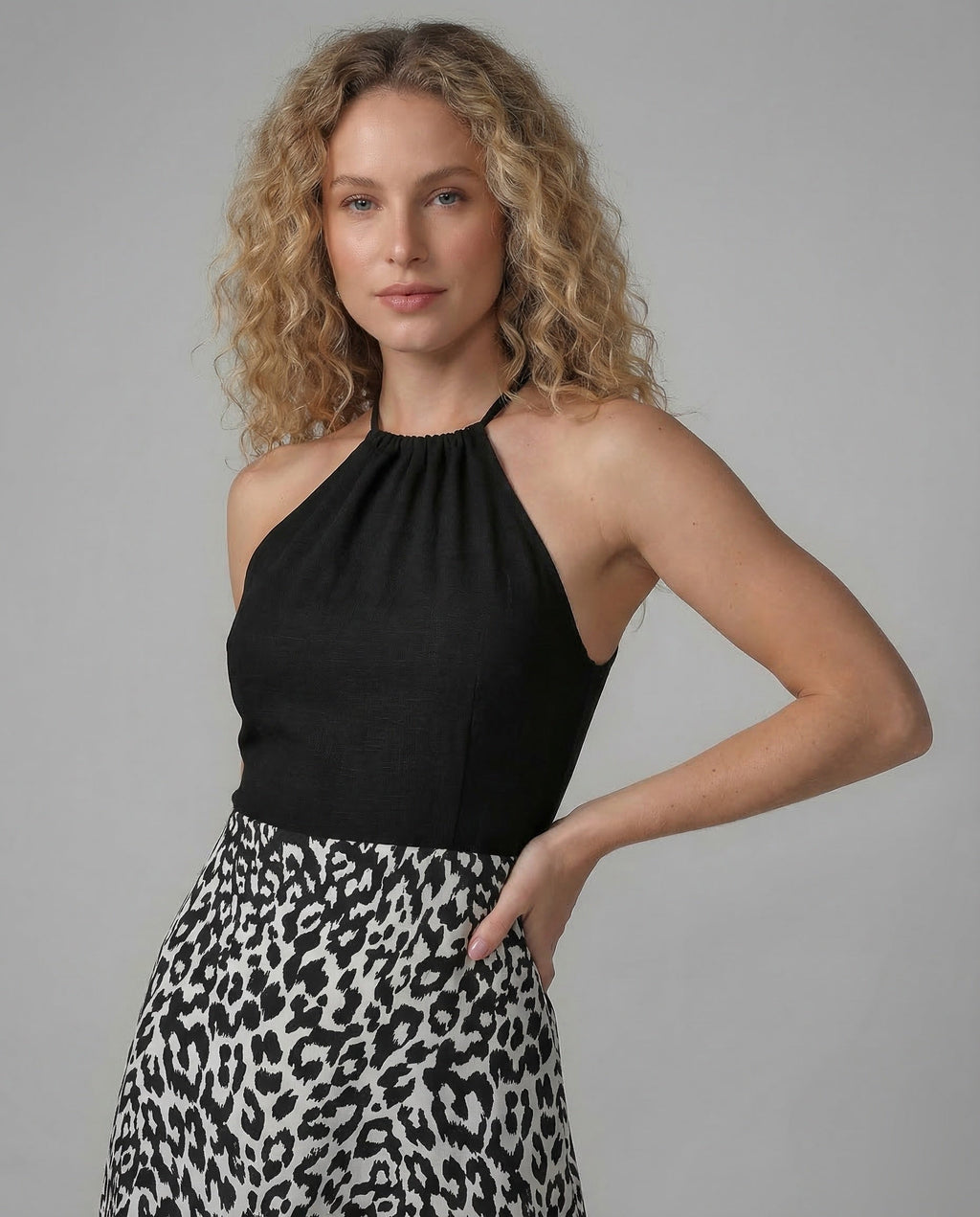 Leisure dress women halter midi dress - upper body view