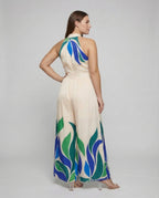 Sleeveless Maxi Dress Women Stand Collar Ruched Skirt - back view