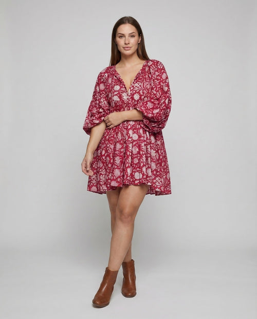 Babydoll Dress Women V-Neck Puff Sleeve - front view