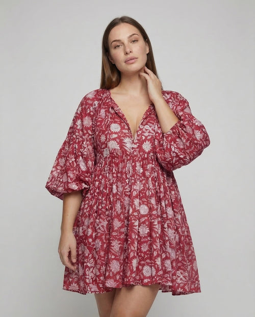 Babydoll Dress Women V-Neck Puff Sleeve - upper body view