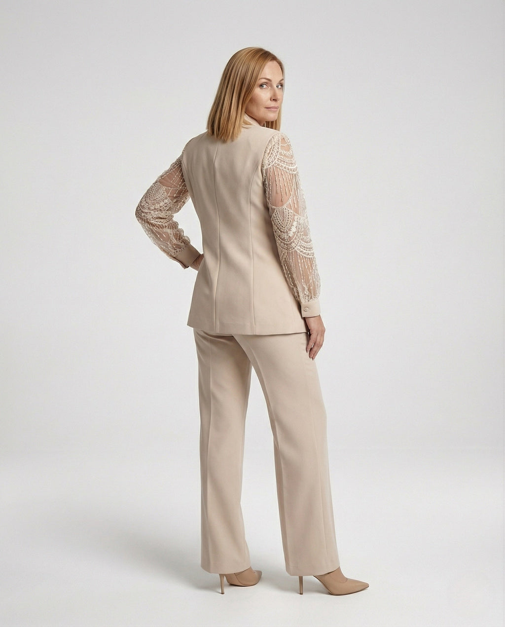 Women's Elegant Pant Suit with Shawl Collar and Lace Sleeves - back view