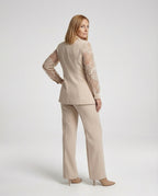 Women's Elegant Pant Suit with Shawl Collar and Lace Sleeves - back view
