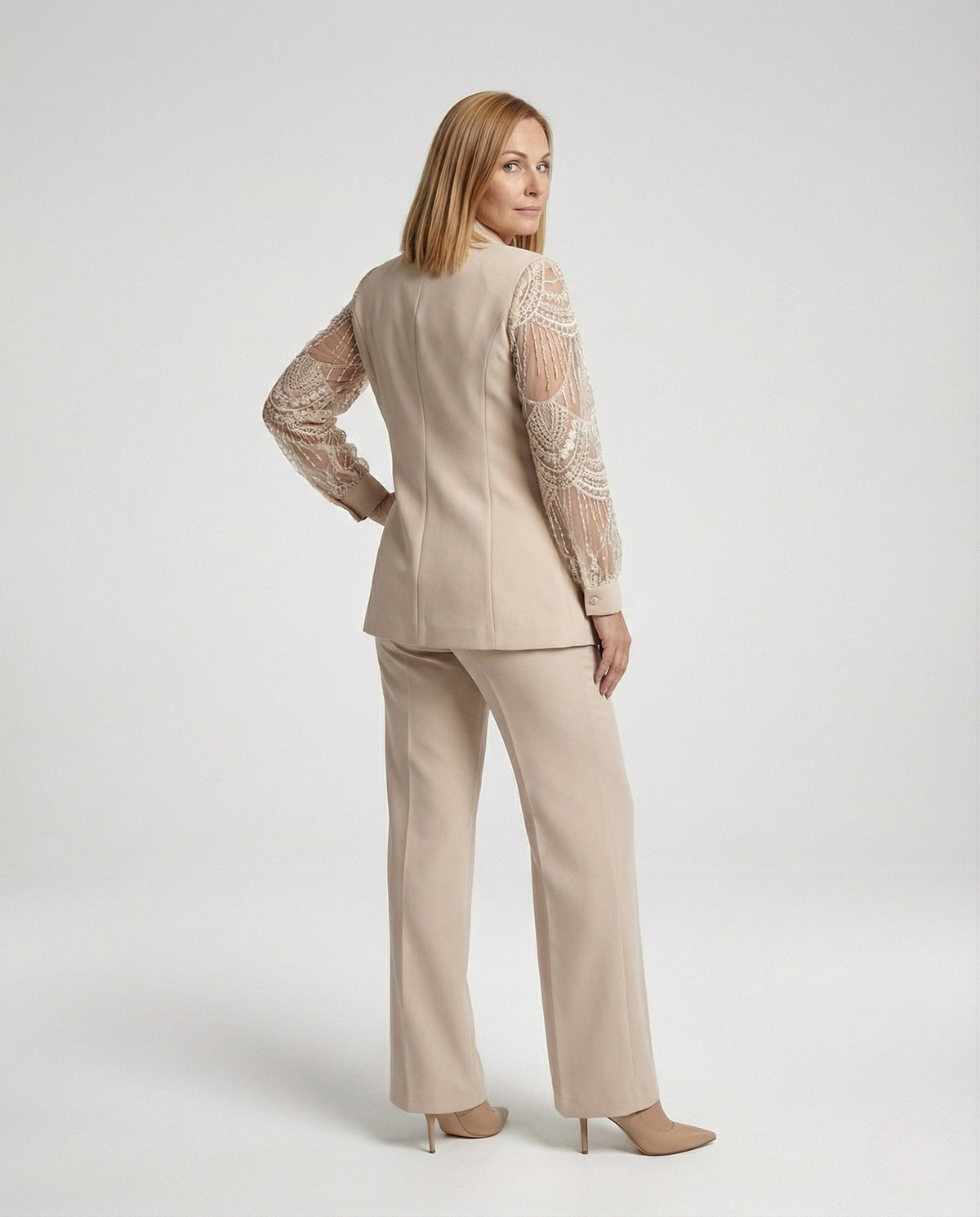 Women's Elegant Pant Suit with Shawl Collar and Lace Sleeves - back view
