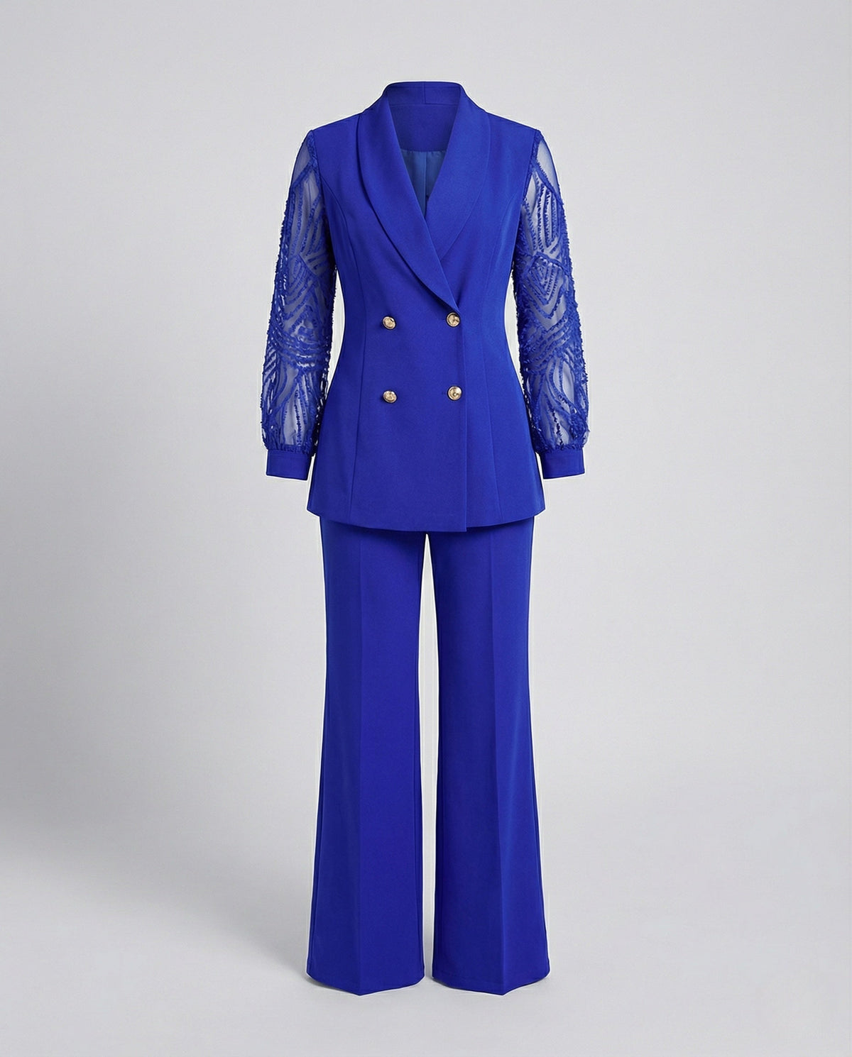 Women's Elegant Pant Suit with Shawl Collar and Lace Sleeves - product shot