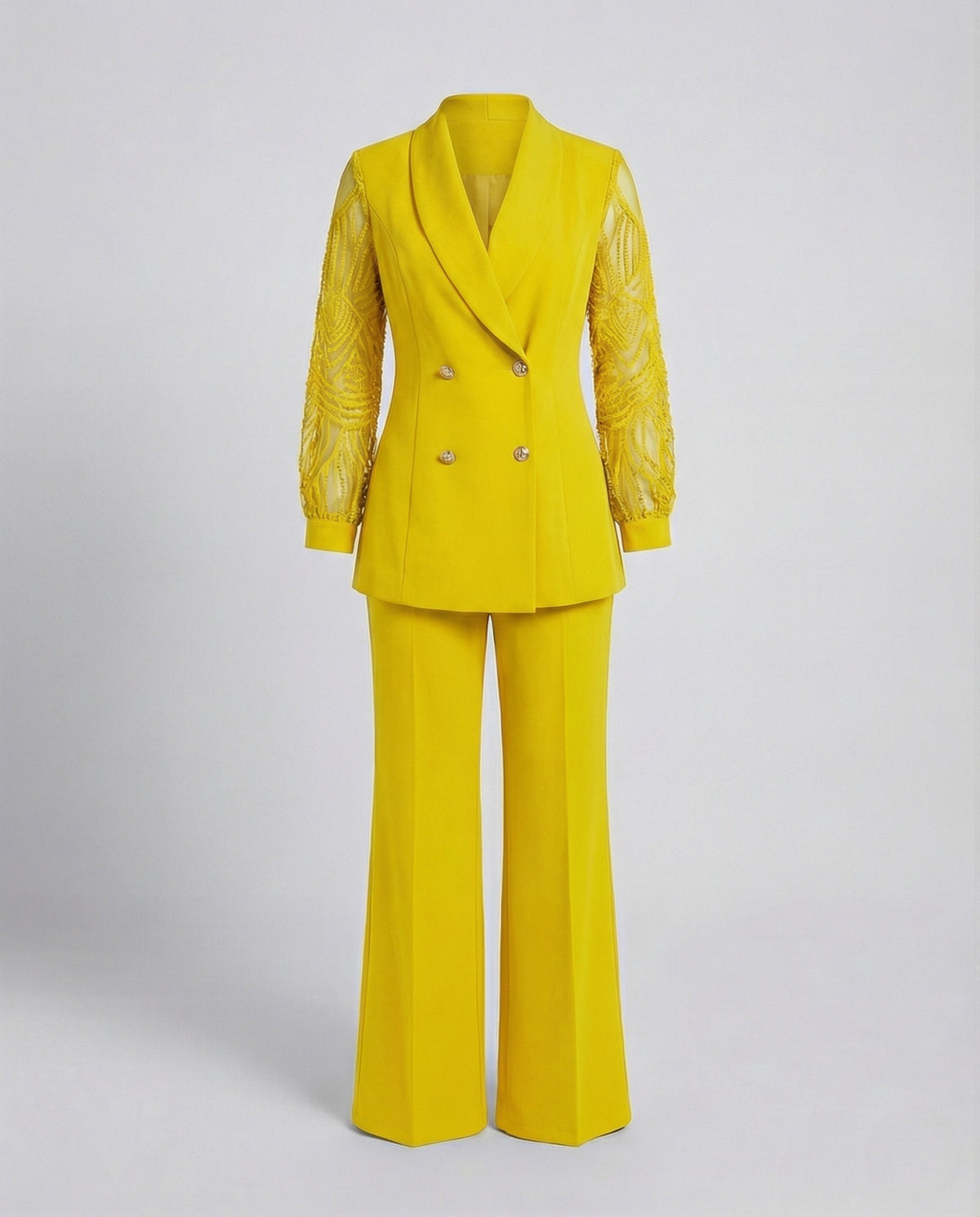 Women's Elegant Pant Suit with Shawl Collar and Lace Sleeves - product shot